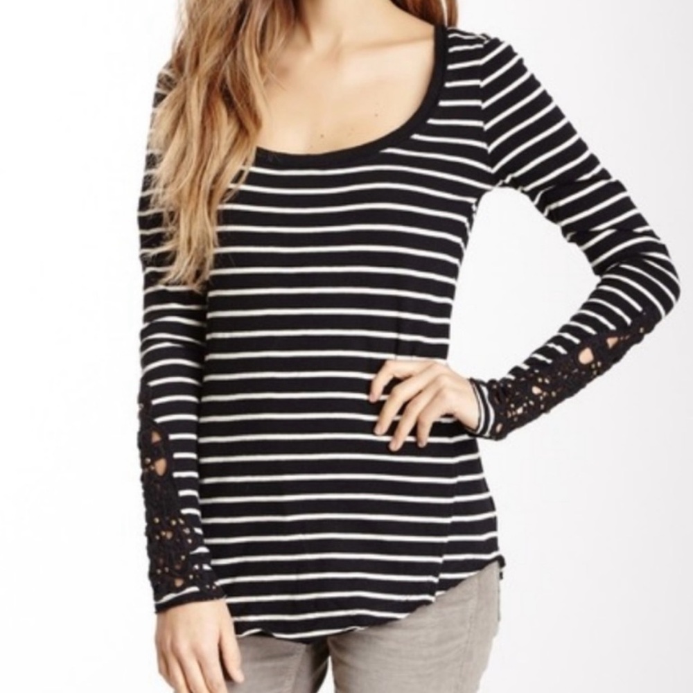 Free People Striped Long Sleeve Shirt Crochet sleeve Black White XS